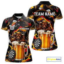 Load image into Gallery viewer, Angry Bull Beer women's dart polo shirt personalized dart jersey, custom dart team uniform, tournament dart shirt