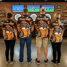 Load image into Gallery viewer, Men women dart team wearing Raccoon Beer custom dart team uniforms and tournament apparel
