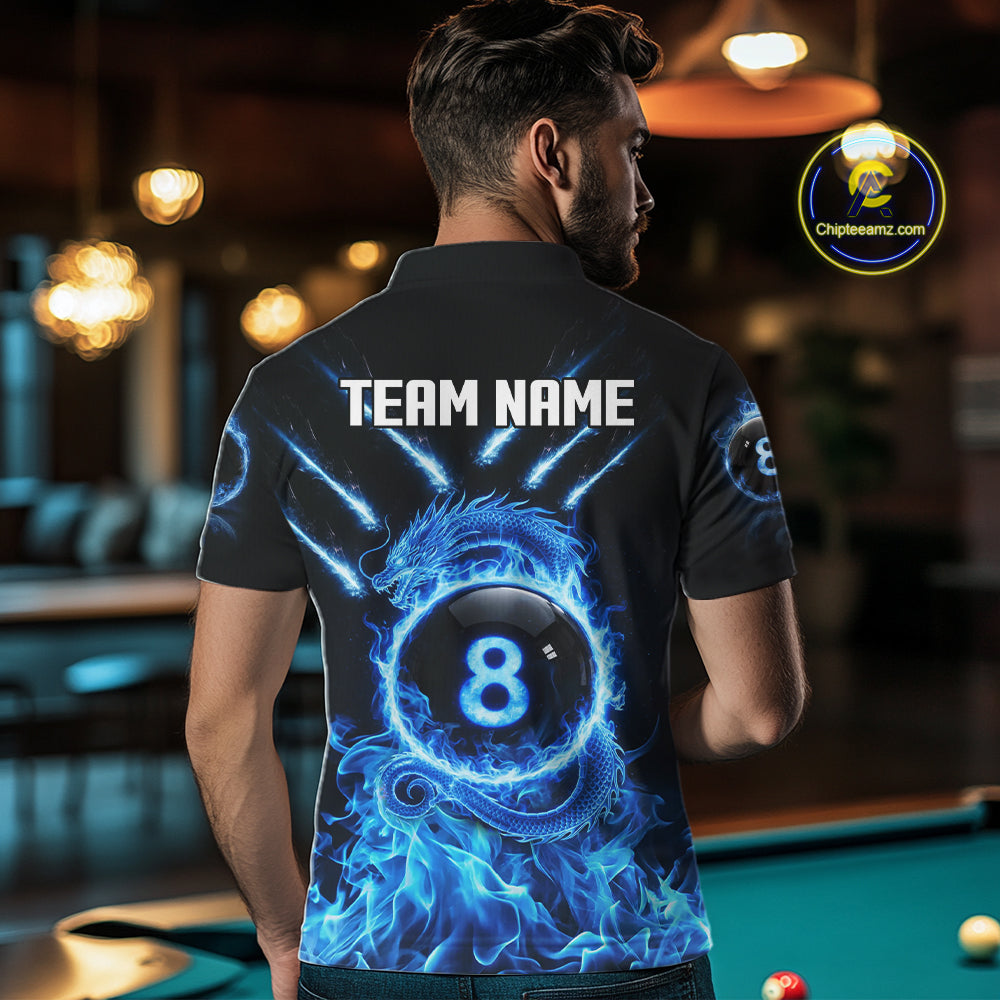 Blue Flaming Dragon Pool 8 Ball Men Billiard Team Shirt Custom Billiard Polo & 1/4-Zip Attire NYN2497