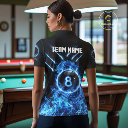 Blue Flaming Dragon Pool 8 Ball Women Billiard Team Shirt Custom Billiard Polo & 1/4-Zip Attire NYN2497
