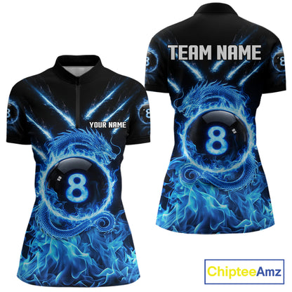Blue Flaming Dragon Pool 8 Ball Women Billiard Team Shirt Custom Billiard Polo & 1/4-Zip Attire NYN2497