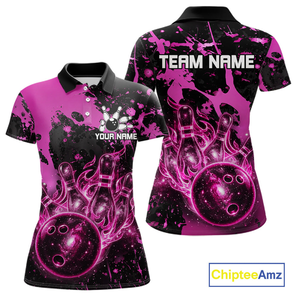 Black and Pink Splatter Galaxy women's bowling polo shirt custom bowling team jersey, ladies bowling uniform, personalized bowling apparel