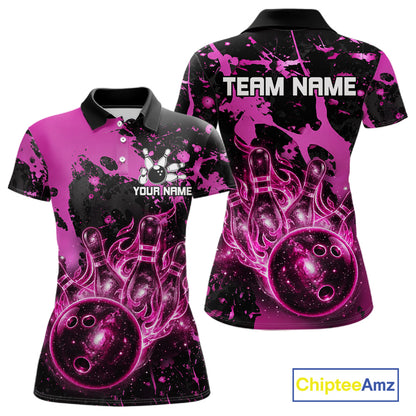 Black and Pink Splatter Galaxy women's bowling polo shirt custom bowling team jersey, ladies bowling uniform, personalized bowling apparel