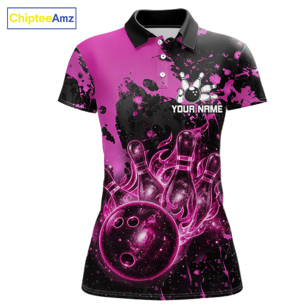 Black and Pink Splatter Galaxy women's bowling polo shirt custom bowling team jersey, ladies bowling uniform, personalized bowling apparel