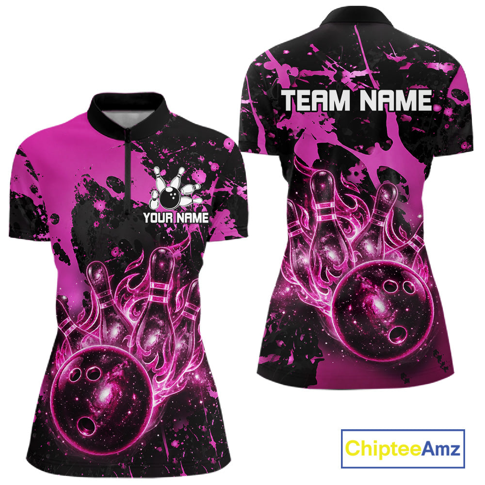 Black and Pink Galaxy women's quarter zip bowling shirt custom team bowling jersey, league bowling apparel