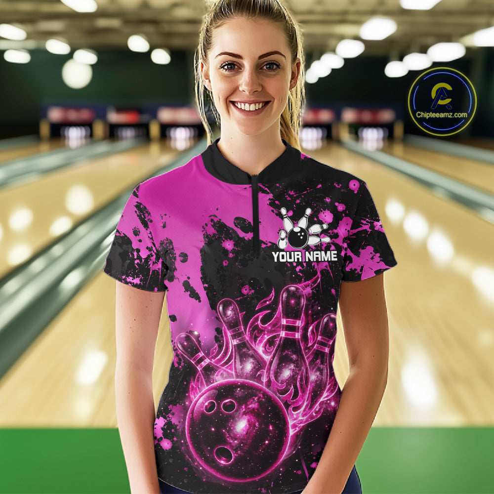 Female bowler wearing Black and Pink Galaxy bowling jersey during bowling tournament and league competition