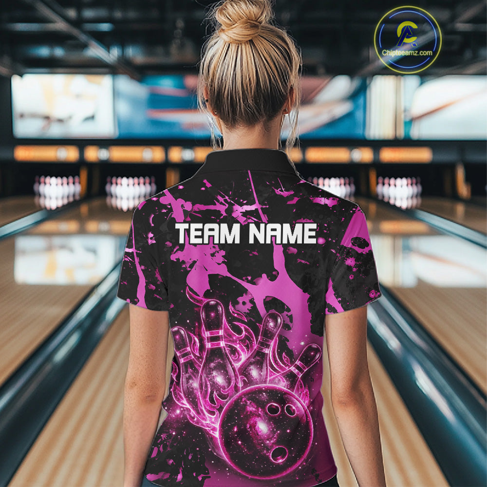Female bowler wearing Black and Pink Galaxy bowling jersey during bowling tournament and league competition