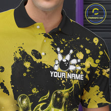 Load image into Gallery viewer, Male bowler wearing Black and Yellow Galaxy bowling jersey in competitive bowling league match