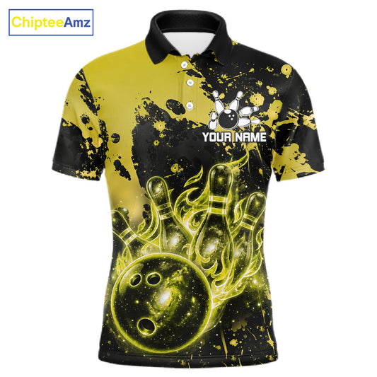 Black and Yellow Splatter Galaxy men's bowling polo shirt custom bowling team uniform, tournament bowling jersey