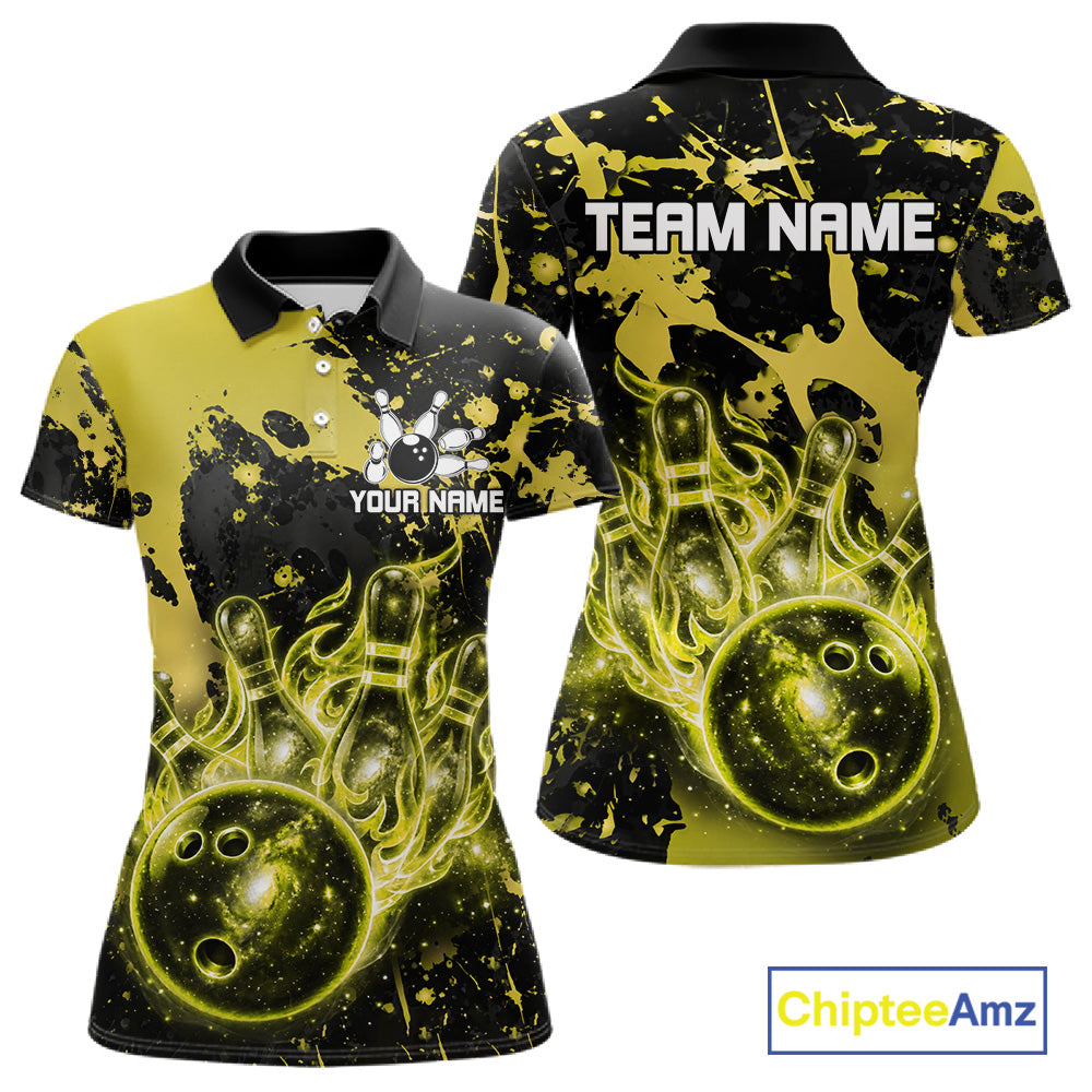 Black and Yellow Splatter Galaxy women's bowling polo shirt custom bowling team uniform, tournament bowling jersey