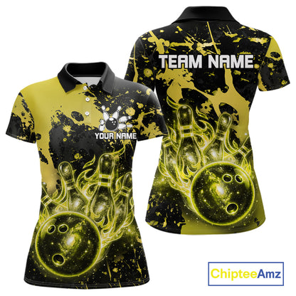Black and Yellow Splatter Galaxy women's bowling polo shirt custom bowling team uniform, tournament bowling jersey
