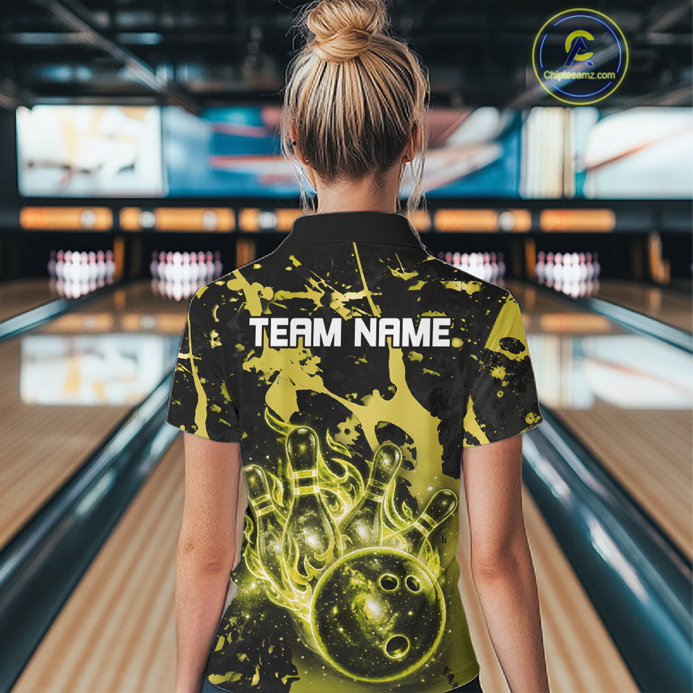 Female bowler wearing Black and Yellow Galaxy bowling jersey in competitive bowling league match