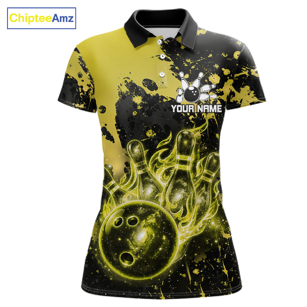 Black and Yellow Splatter Galaxy women's bowling polo shirt custom bowling team uniform, tournament bowling jersey
