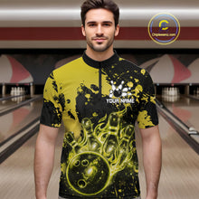 Load image into Gallery viewer, Male bowler wearing Black and Yellow Galaxy bowling jersey in competitive bowling league match