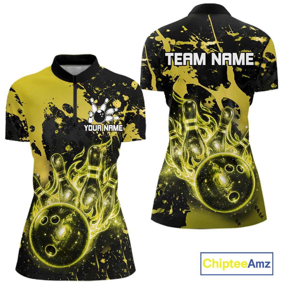Black and Yellow Galaxy women's quarter zip bowling shirt personalized bowling team apparel, league bowling jersey