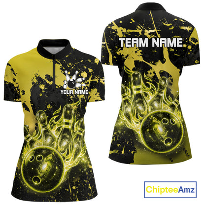 Black and Yellow Galaxy women's quarter zip bowling shirt personalized bowling team apparel, league bowling jersey
