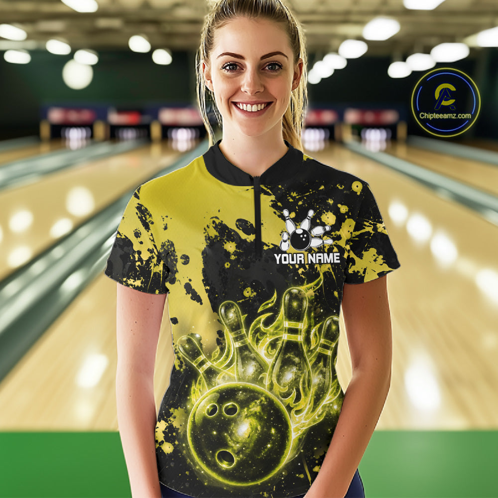 Female bowler wearing Black and Yellow Galaxy bowling jersey in competitive bowling league match