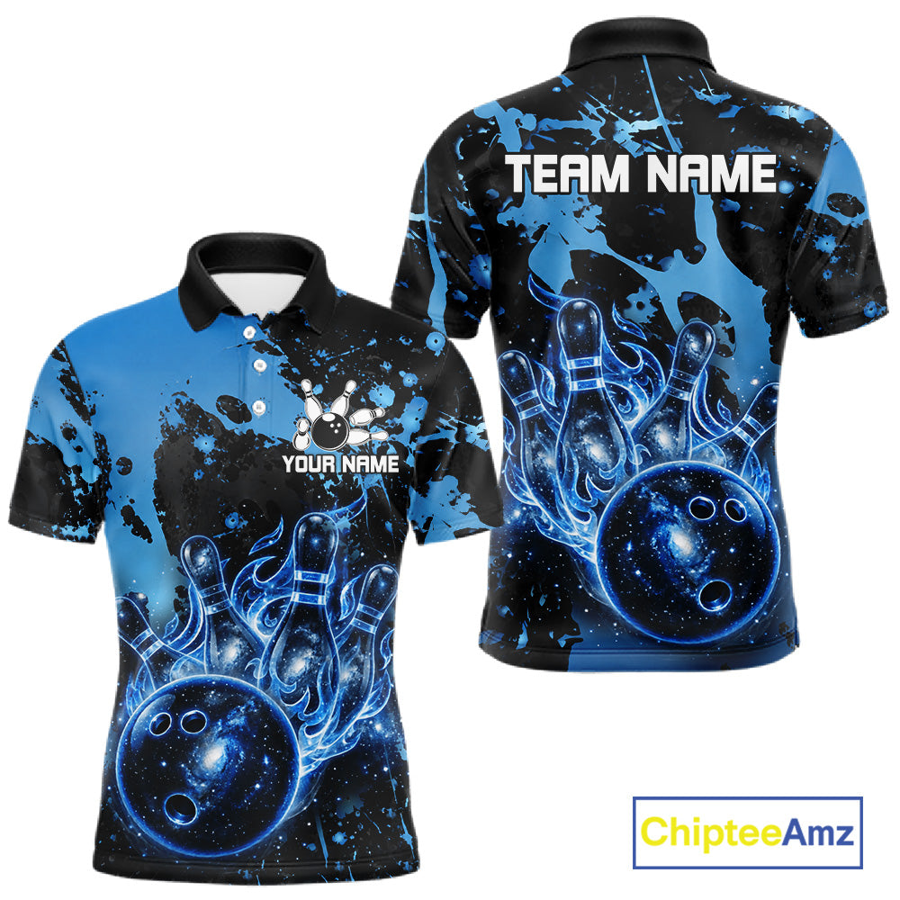 Black and Blue Splatter Galaxy men's bowling polo shirt personalized bowling team jersey, professional bowling uniform
