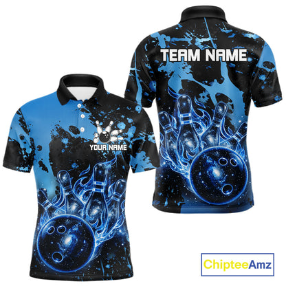 Black and Blue Splatter Galaxy men's bowling polo shirt personalized bowling team jersey, professional bowling uniform