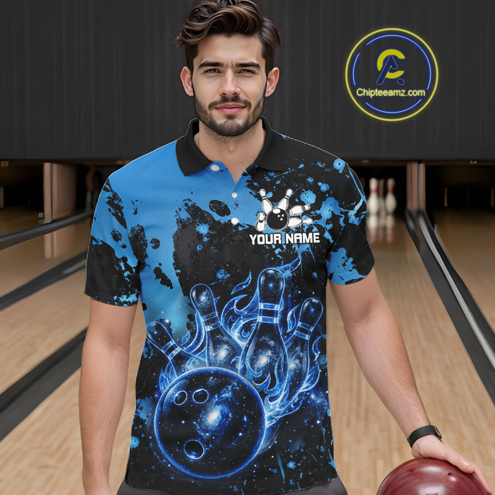 Male bowler wearing Black and Blue Galaxy bowling shirt during professional bowling competition