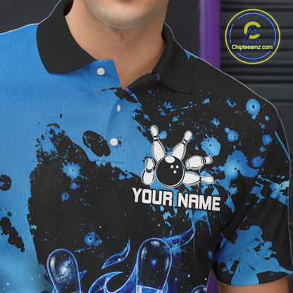 Male bowler wearing Black and Blue Galaxy bowling shirt during professional bowling competition