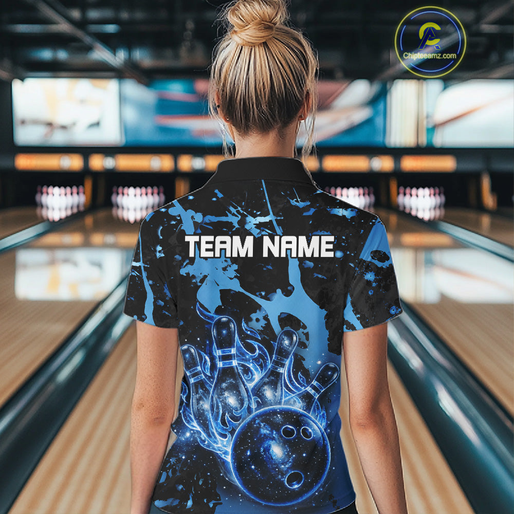 Female bowler wearing Black and Blue Galaxy bowling shirt during professional bowling competition