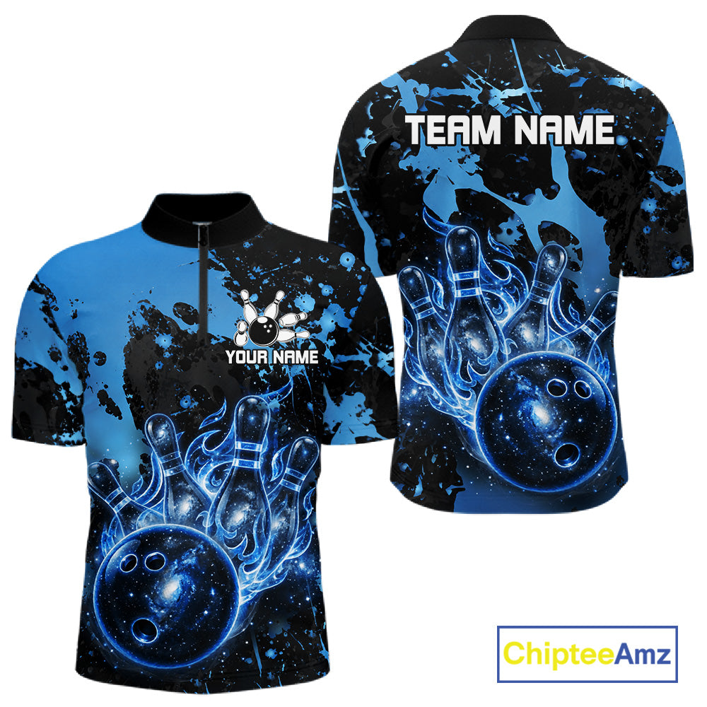 Black and Blue Galaxy men's quarter zip bowling shirt custom bowling league apparel, tournament jersey