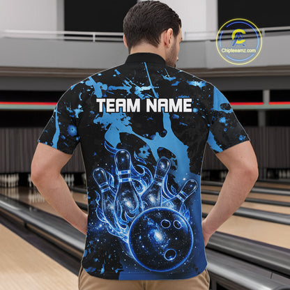 Male bowler wearing Black and Blue Galaxy bowling shirt during professional bowling competition