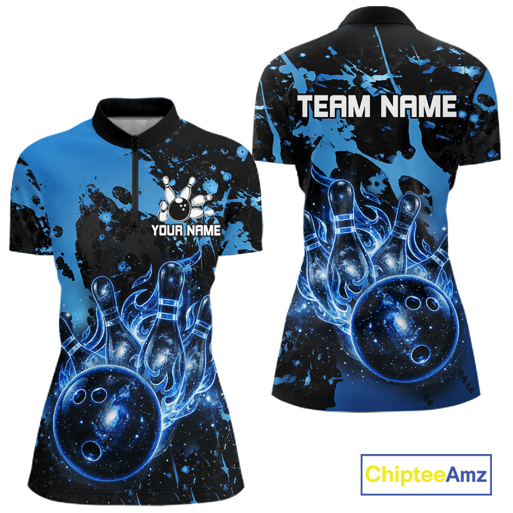 Black and Blue Galaxy women's quarter zip bowling shirt custom bowling league apparel, tournament jersey