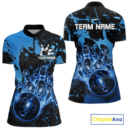 Black and Blue Galaxy women's quarter zip bowling shirt custom bowling league apparel, tournament jersey