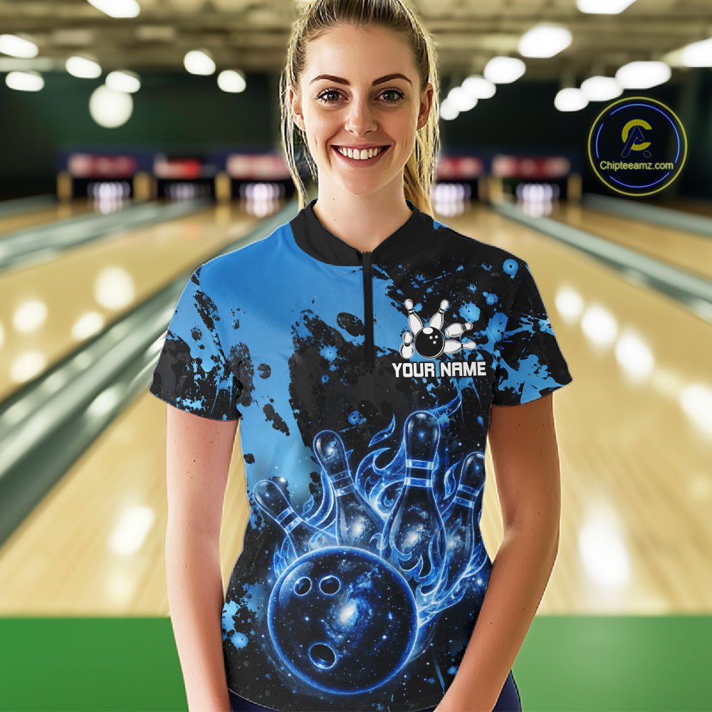 Female bowler wearing Black and Blue Galaxy bowling shirt during professional bowling competition