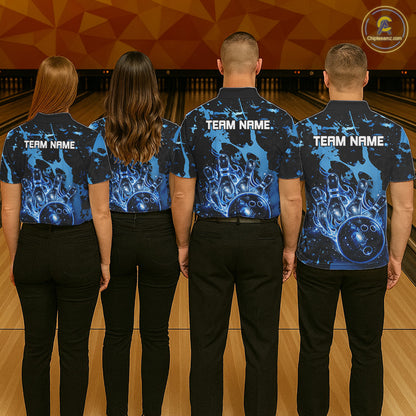 Men women bowling team wearing Black and Blue Galaxy personalized bowling uniforms and tournament jerseys