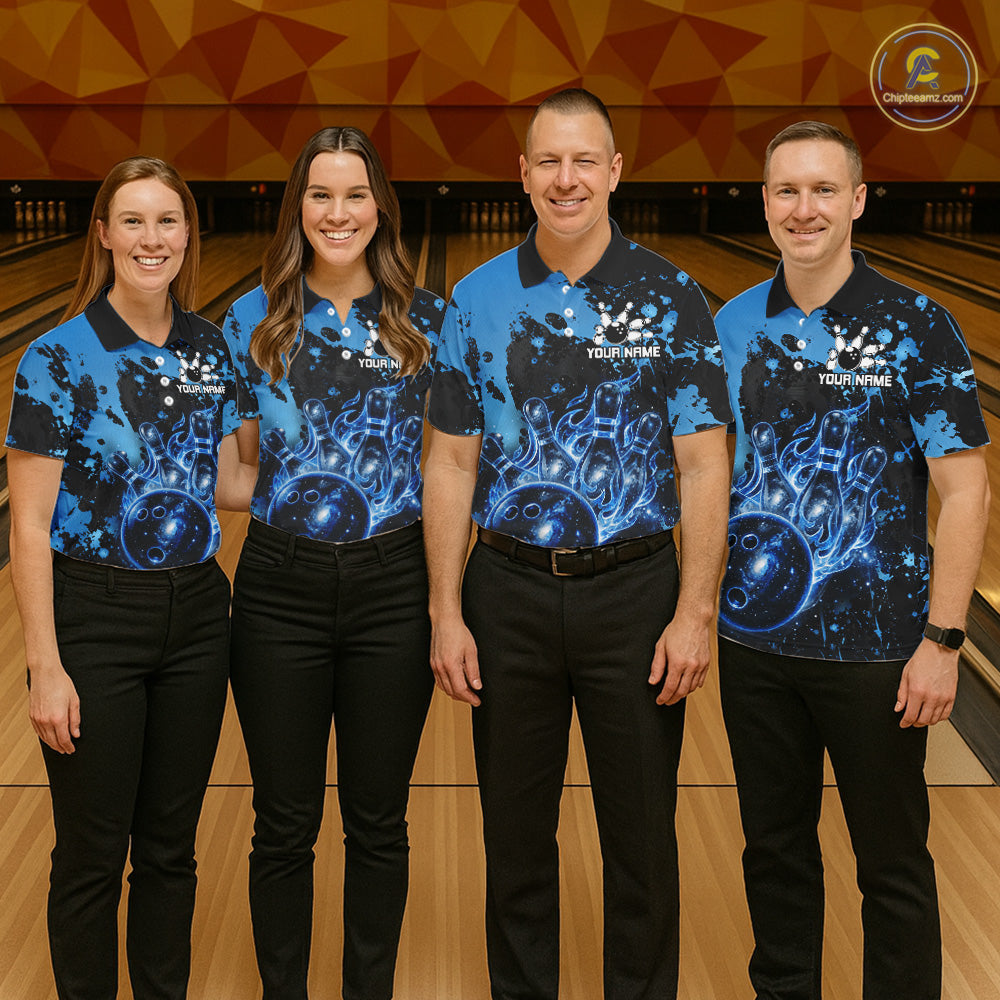 Men women bowling team wearing Black and Blue Galaxy personalized bowling uniforms and tournament jerseys
