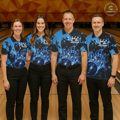 Men women bowling team wearing Black and Blue Galaxy personalized bowling uniforms and tournament jerseys