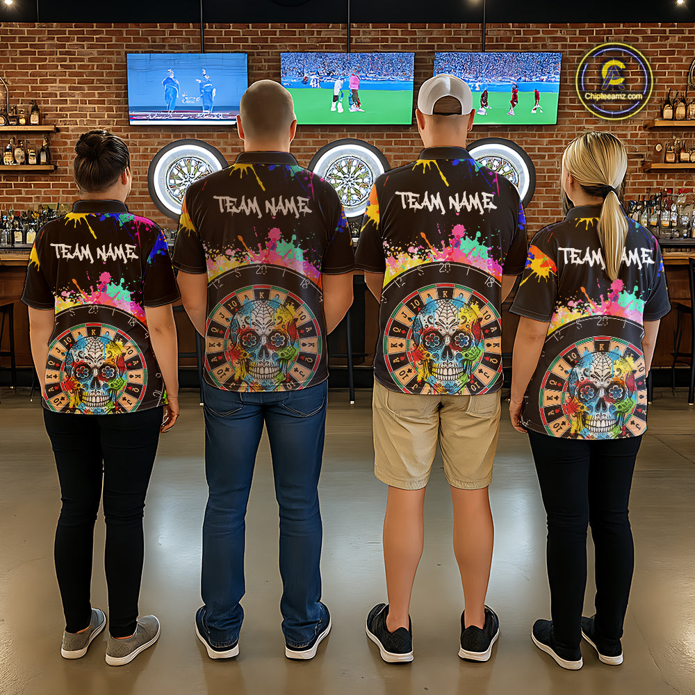 Custom Colorful Splatter Skull Dartboard Men Darts Polo Team Shirts Dart Jerseys | Black NYN2212