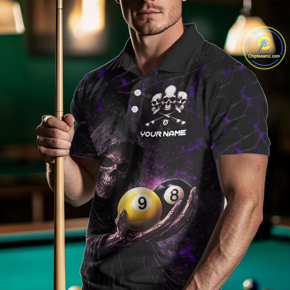 Purple Grunge Grim Reaper Hold 8 Ball & 9 Ball Pool Men Billiard Shirt Custom Billiard Team Attire NYN2702