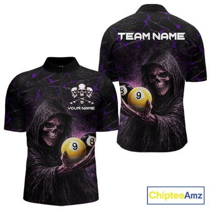 Purple Grunge Grim Reaper Hold 8 Ball & 9 Ball Pool Men Billiard Shirt Custom Billiard Team Attire NYN2702
