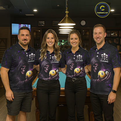 Purple Grunge Grim Reaper Hold 8 Ball & 9 Ball Pool Men Billiard Shirt Custom Billiard Team Attire NYN2702