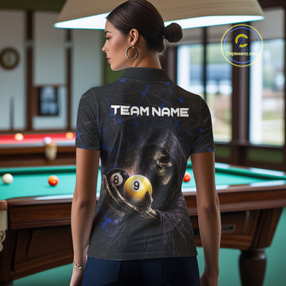Blue Grunge Grim Reaper Hold 8 Ball & 9 Ball Pool Women Billiard Shirt Custom Billiard Team Attire NYN2703