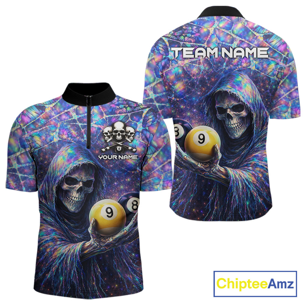 Holographic Grunge Grim Reaper Hold 8 Ball 9 Ball Pool Men Billiard Shirt Custom Billiard Team Attire NYN2704