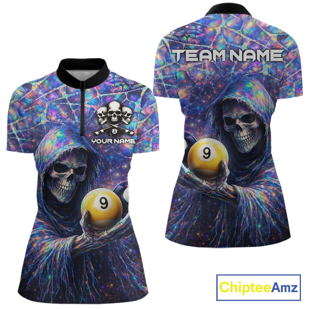 Holographic Grunge Grim Reaper Hold 8 Ball 9 Ball Pool Women Billiard Shirt Custom Billiard Team Attire NYN2704