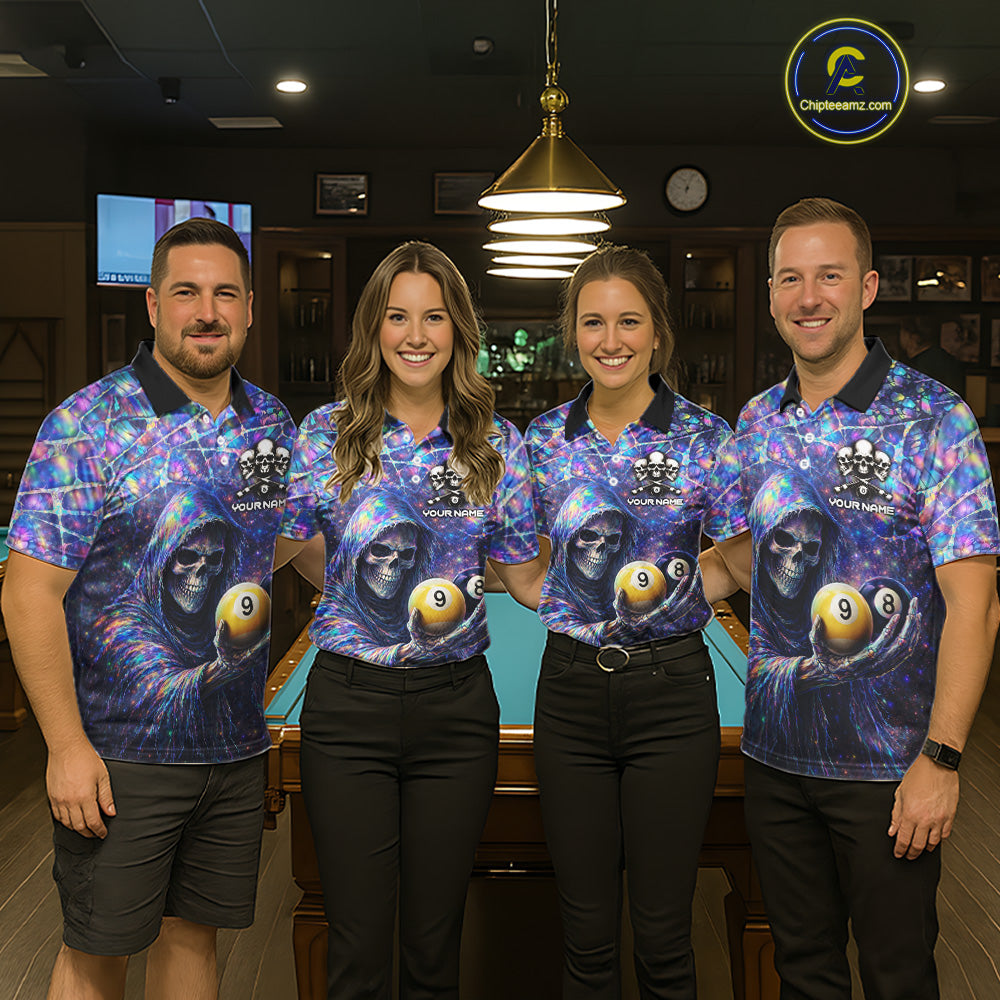 Holographic Grunge Grim Reaper Hold 8 Ball 9 Ball Pool Men Billiard Shirt Custom Billiard Team Attire NYN2704