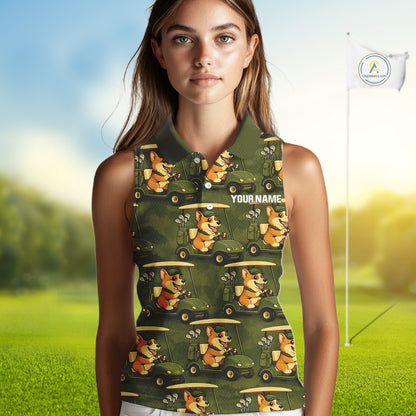 Funny Women Golf Sleeveless Polo Shirt Custom Brown And Green Golfing Dog Pattern Golf Clothing Shirts NYN2872