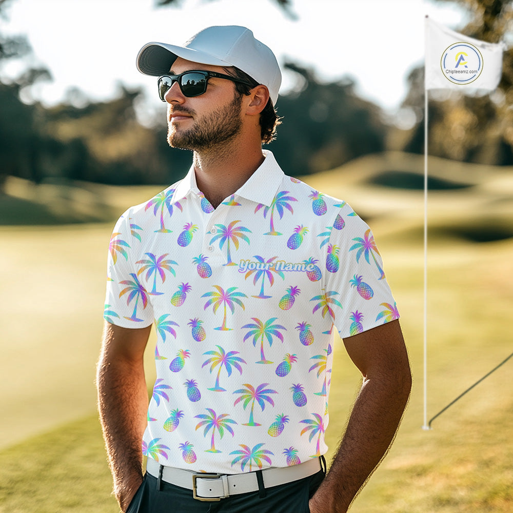 Personalized Tropical Palm Trees Pineapple Men Golf Polo Shirts Holographic Team Golf Clothes NYN2862