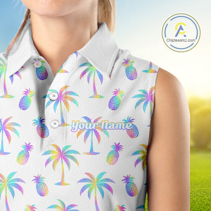 Personalized Tropical Palm Trees Pineapple Women Golf Sleeveless Polo Shirts Holographic Team Golf Clothes NYN2862