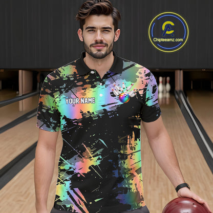 Custom Rainbow Holographic Splatter Bowling Shirts For Men, Colorful Bowling Pin And Ball Jersey NYN3072