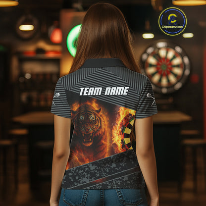 Custom Women's Darts Shirts With Fiery Tiger & Flaming Dartboard, Darts Jersey NYN0299