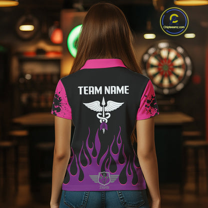 Purple Flaming & Wings Dart Arrow Women's Pink Darts Shirt - Custom Name For Players NYN0565