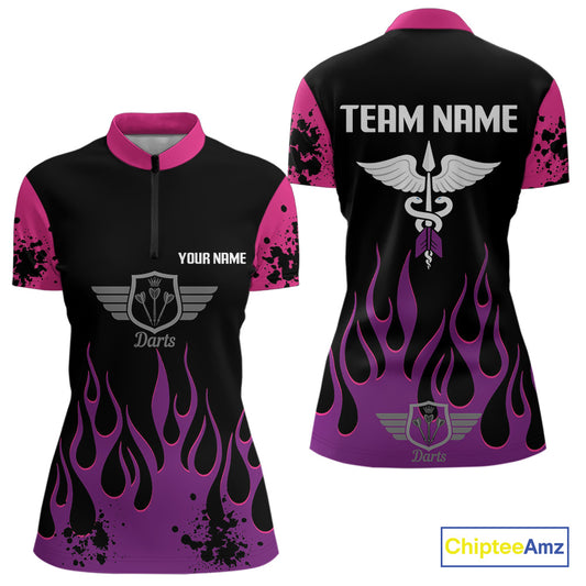 Purple Flaming & Wings Dart Arrow Women's Pink Darts Shirt - Custom Name For Players NYN0565