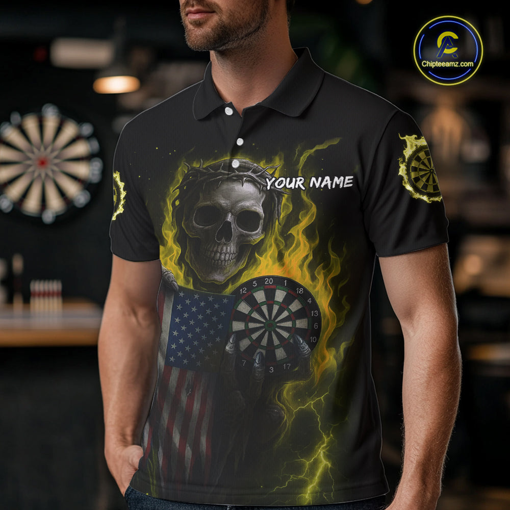 Custom Yellow Flames Skeleton USA Flag Dart Men Polo Jerseys Patriotic Dart Team Shirt NYN1700